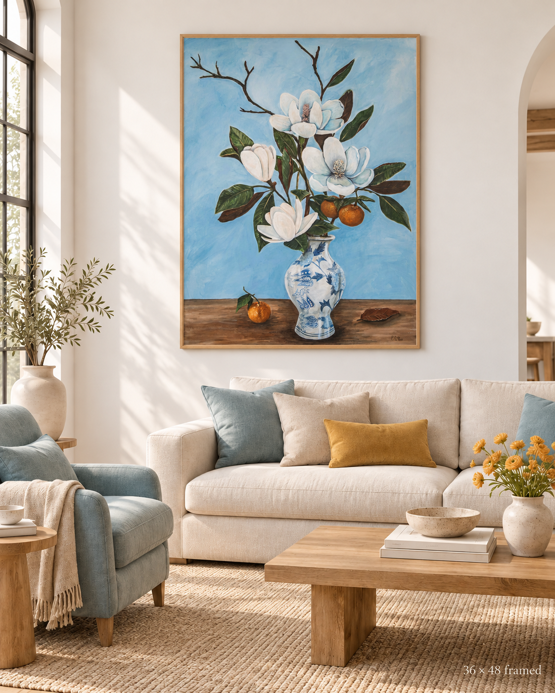 Southern Inheritance — 36 × 48 inches, framed Designer Edition, magnolia still life in a coastal room setting