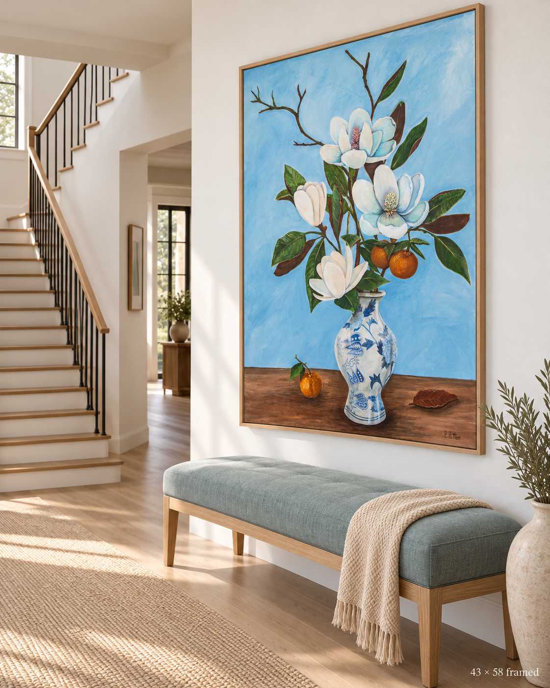 Southern Inheritance — 43 × 58 inches, framed Designer Edition, magnolia still life in an elegant residential setting