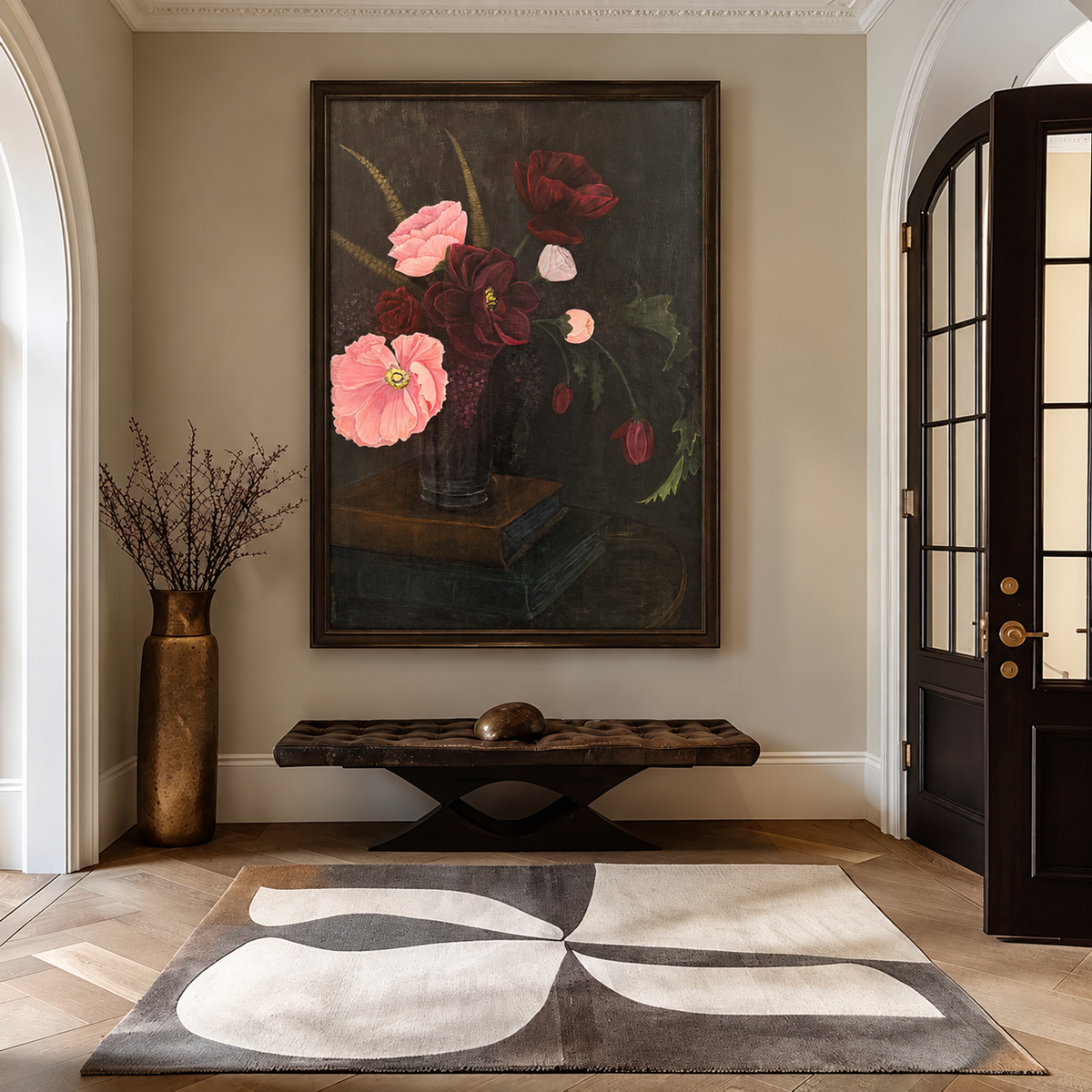 Floral Noir — 43 × 58 inches, framed Designer Edition with slim espresso floating frame in a neutral foyer
