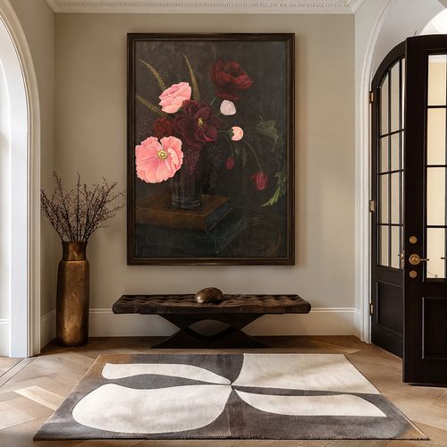 Floral Noir — 43 × 58 inches, framed Designer Edition with slim espresso floating frame in a neutral foyer