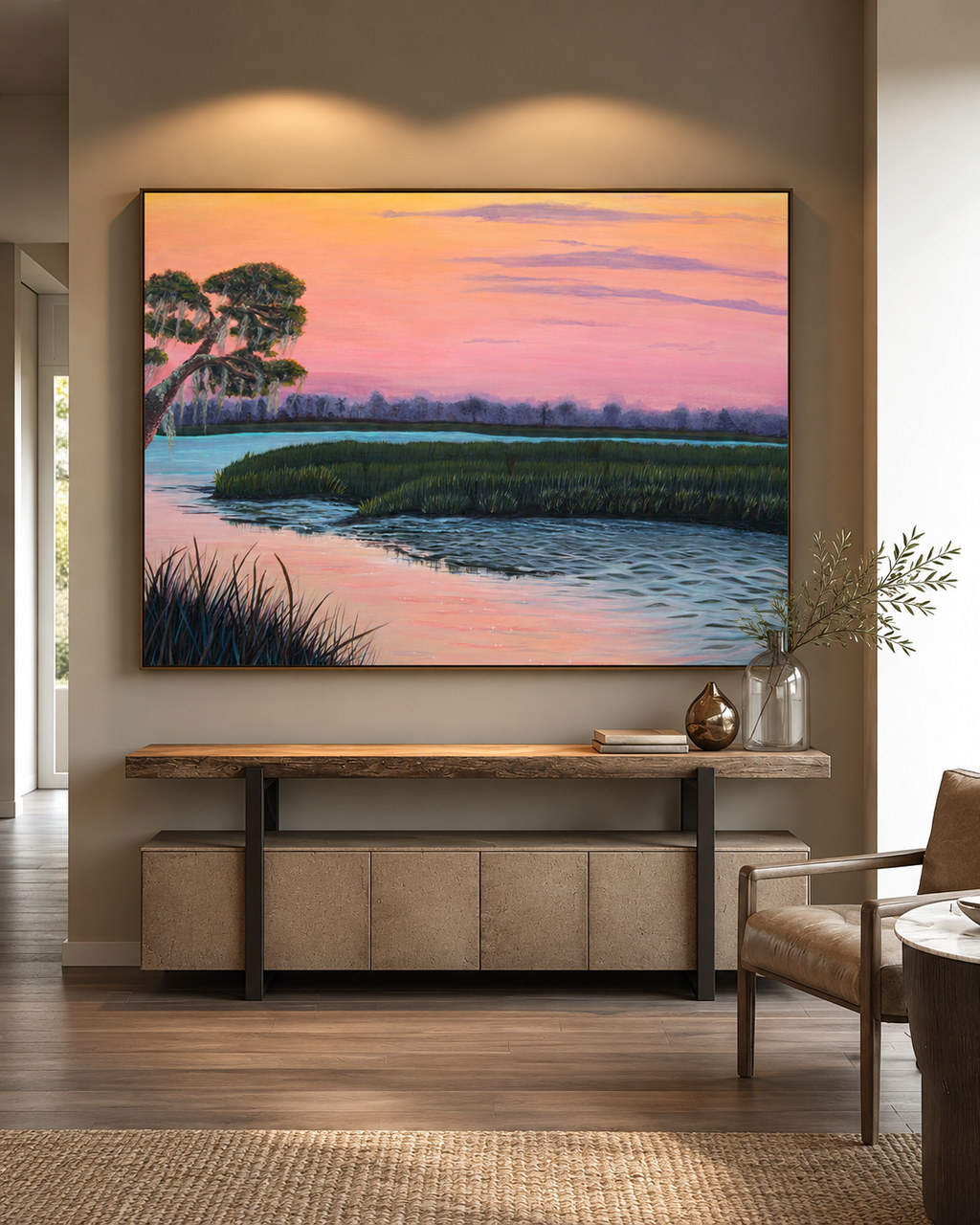 LowCo — 58 × 43 inches, framed Designer Edition of Pamela Patton's Lowcountry marsh sunset above a contemporary console