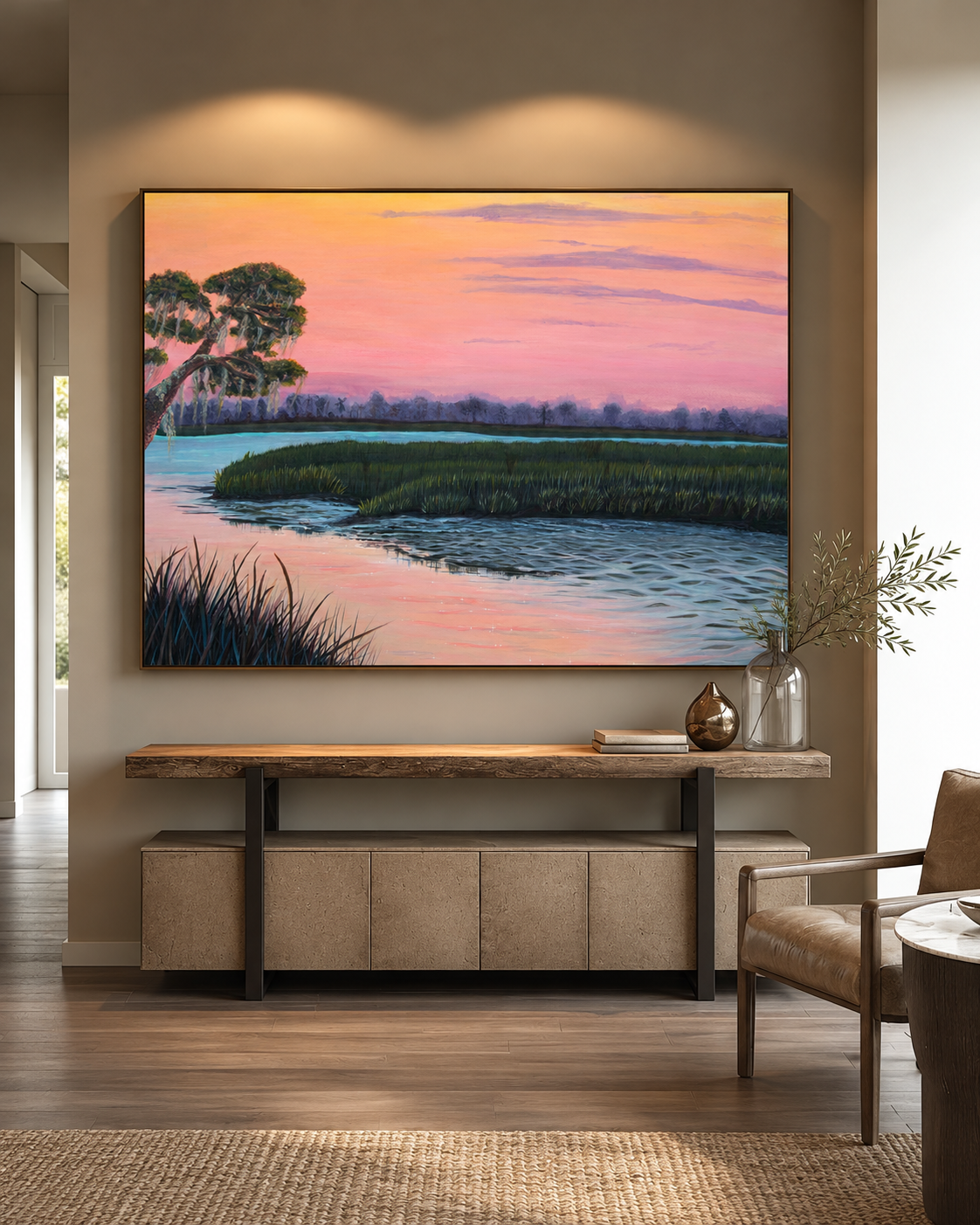 LowCo — 58 × 43 inches, framed Designer Edition of Pamela Patton's Lowcountry marsh sunset above a contemporary console