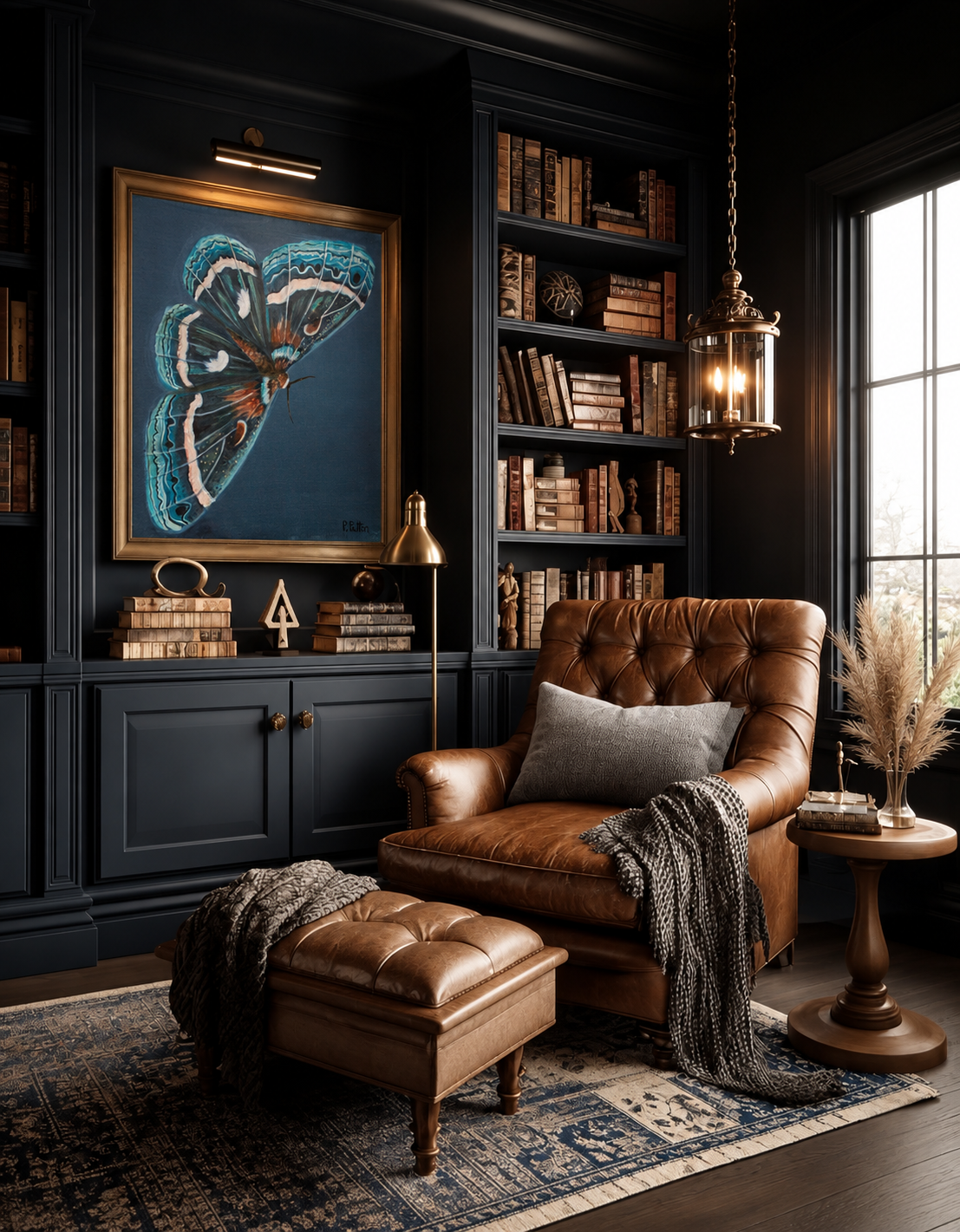 Justice blue-and-brown moth artwork in a gold frame in a dark paneled library with brown leather armchair