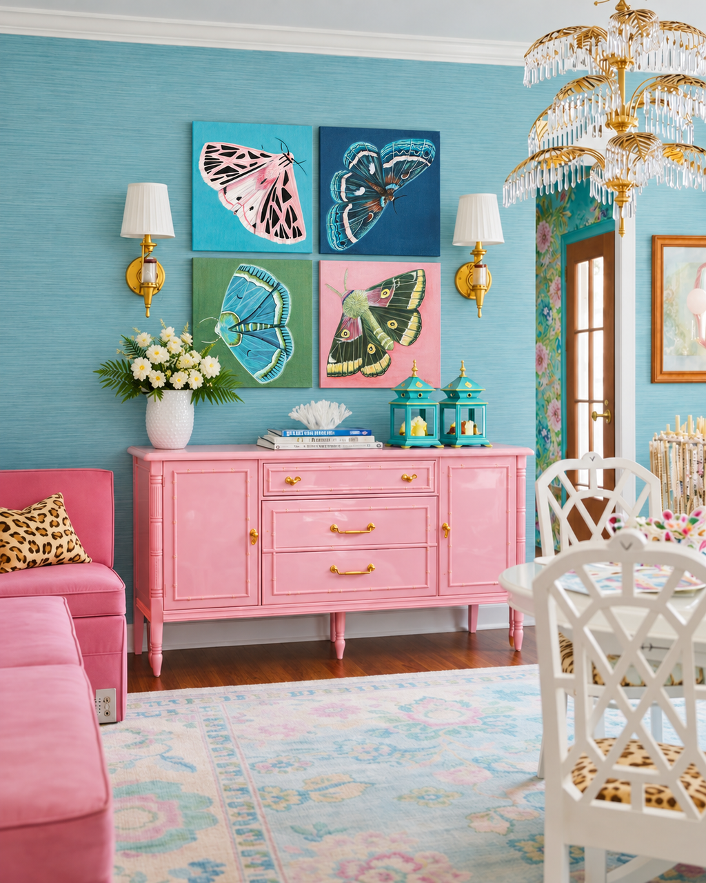 The Four Cardinal Virtues moth paintings displayed together in a pastel parlor gallery wall