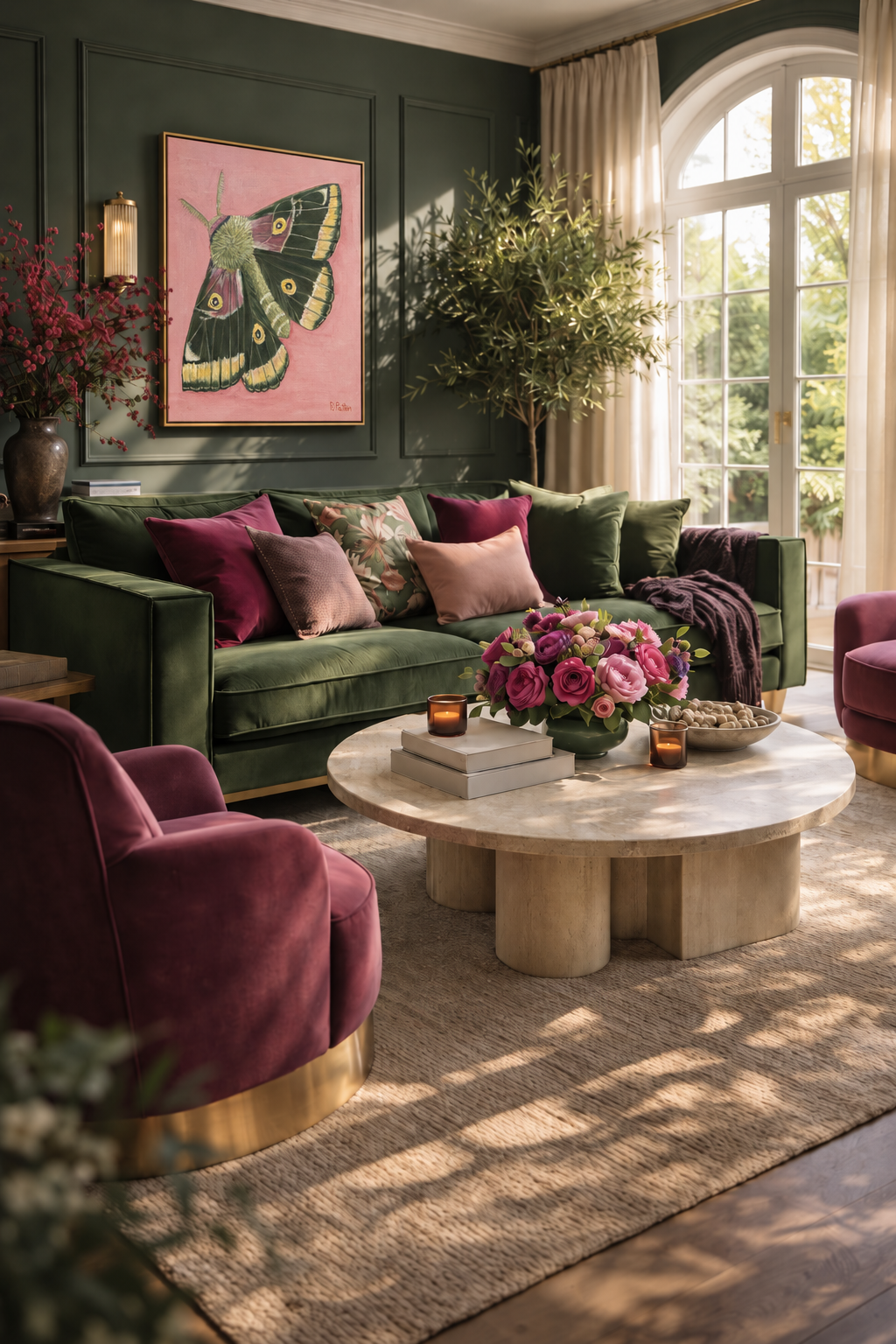 Temperance olive and pink moth artwork in a sunlit living room, Pamela Patton Designer Edition