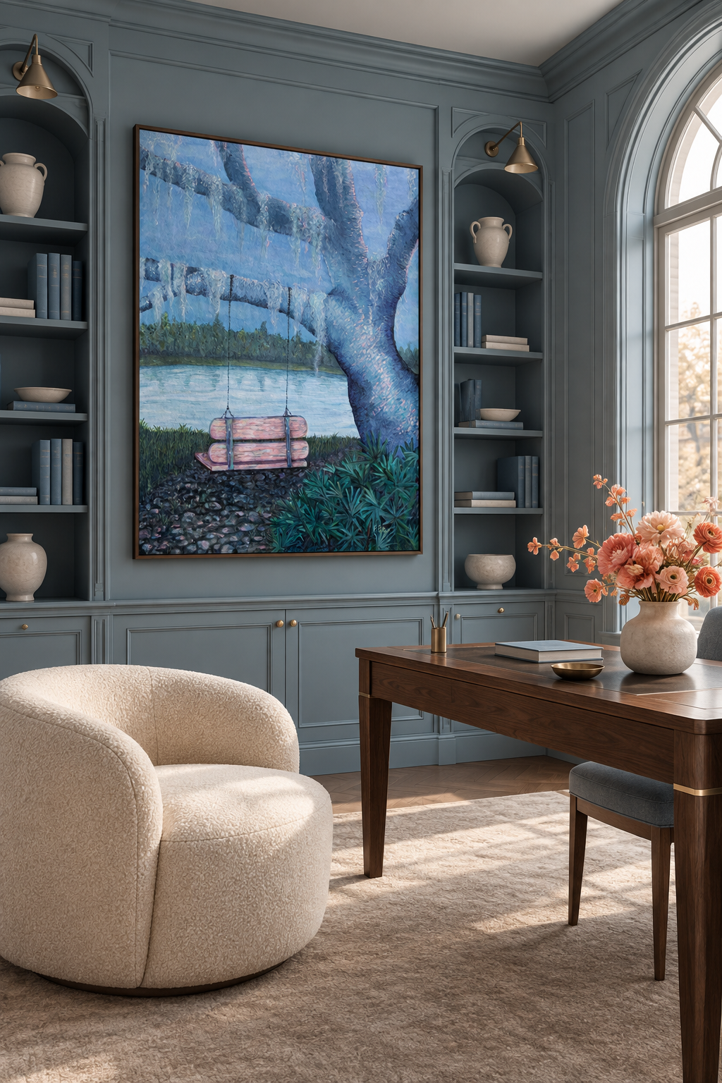 Where the Trail Ends — 36 × 48 inches, framed Designer Edition, blue oak and swing painting displayed in a paneled home library