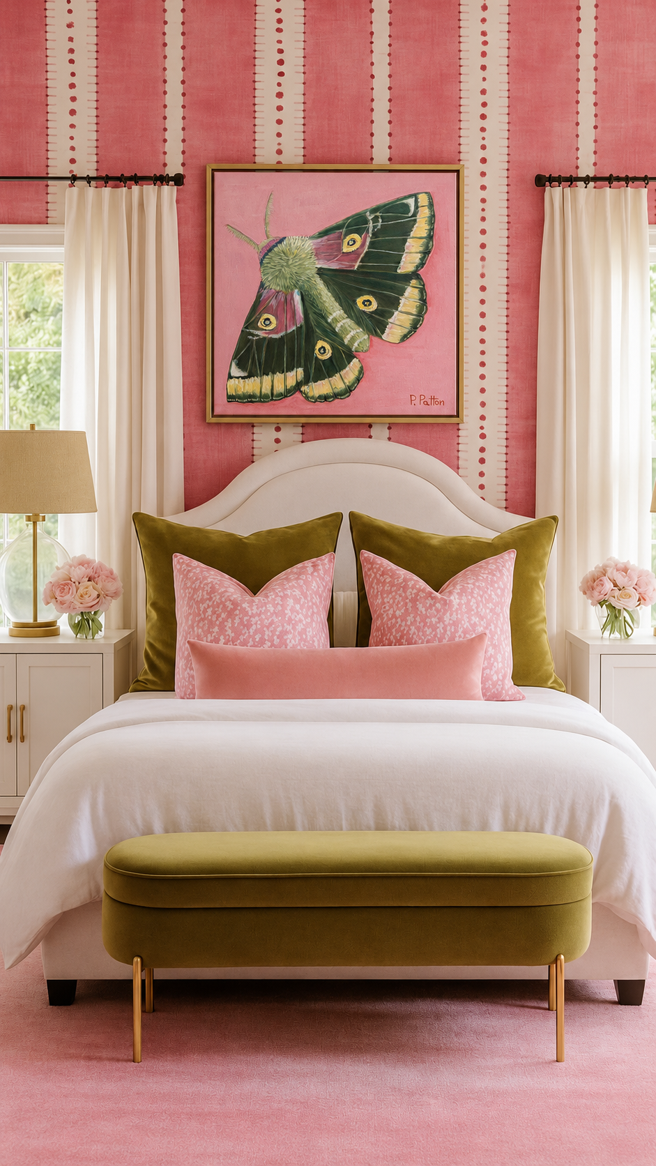 Temperance olive-green and pink moth painting displayed in a gold floating frame above a pink bedroom headboard