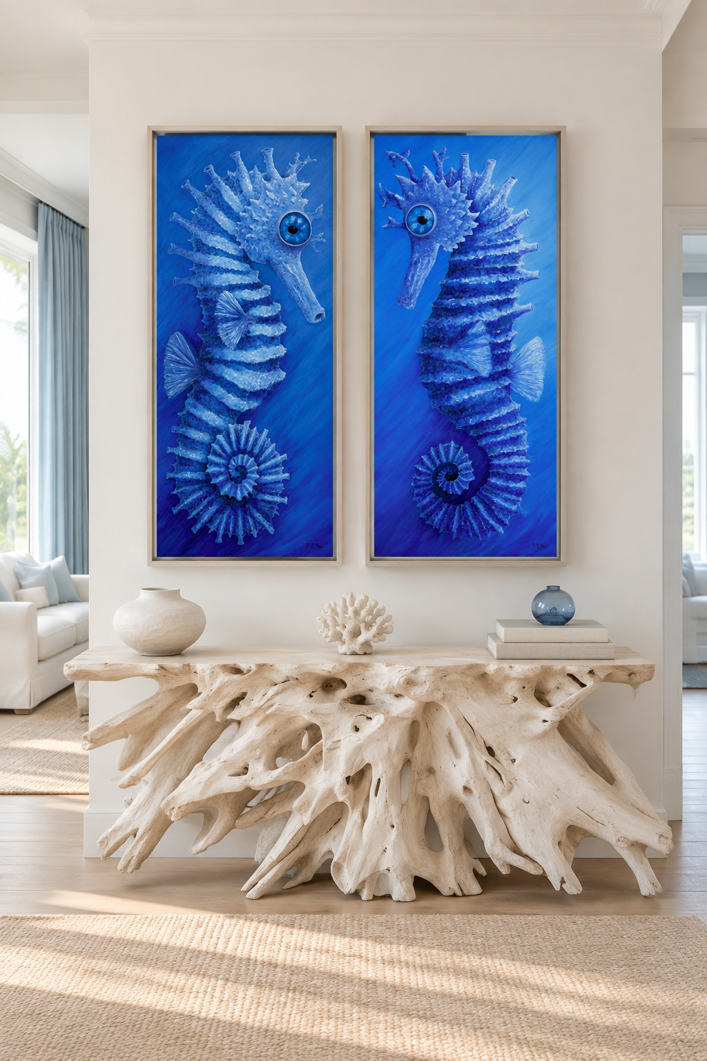 The Wanderer and The Return seahorse canvas artworks displayed as a matching pair above driftwood console; sold individually