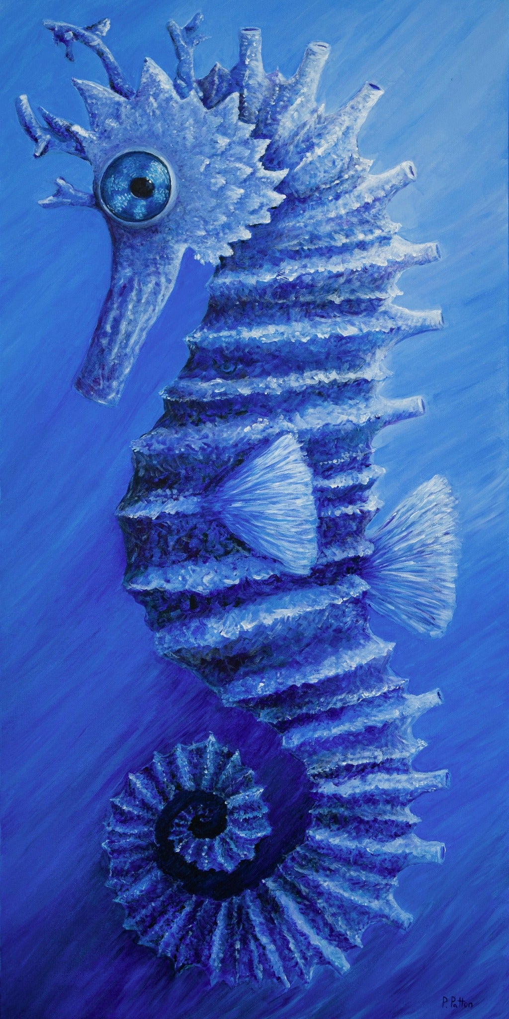 The Return, blue seahorse artwork by Pamela Patton, 30 by 60 inch vertical Designer Edition