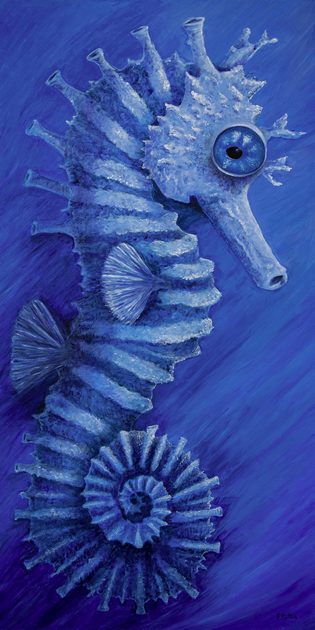 The Wanderer, blue seahorse artwork by Pamela Patton, 30 by 60 inch vertical Designer Edition
