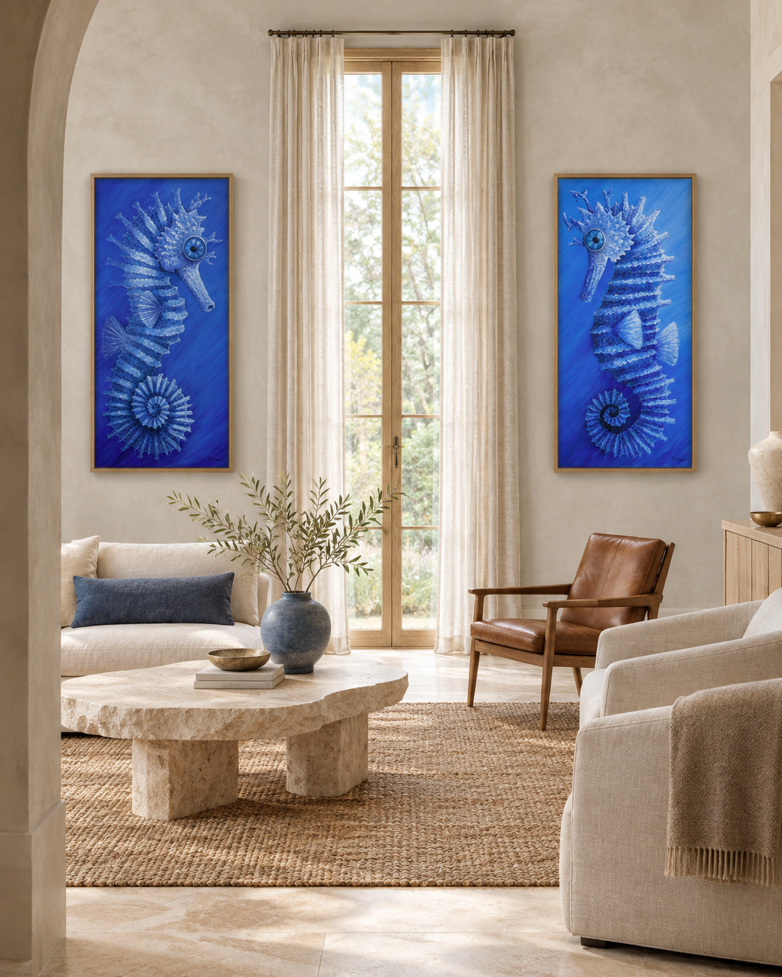 The Wanderer and The Return seahorse artworks displayed on either side of a window, each sold separately