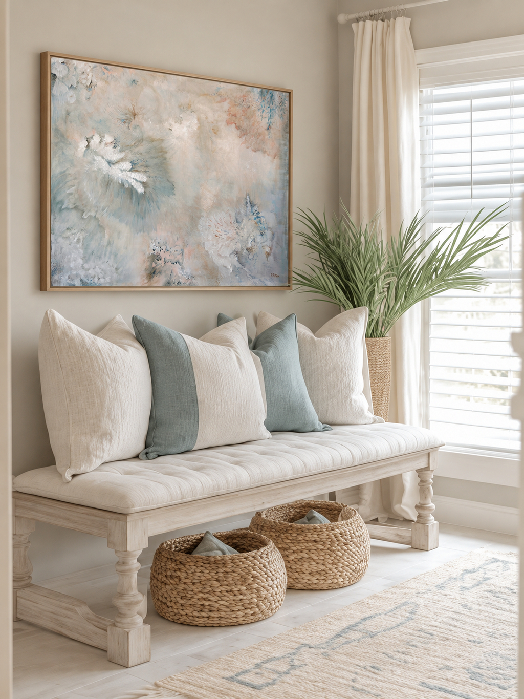 Sea of Dreams above a coastal bench with its two companion coral paintings on adjoining wall; pieces sold separately