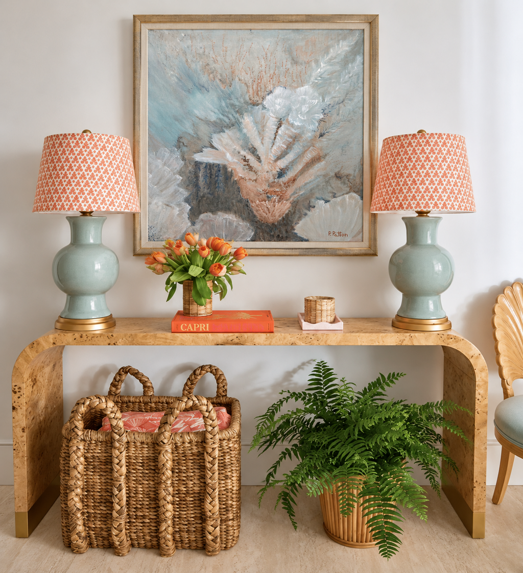 Under the Surface I alone above a console with patterned coral lamps