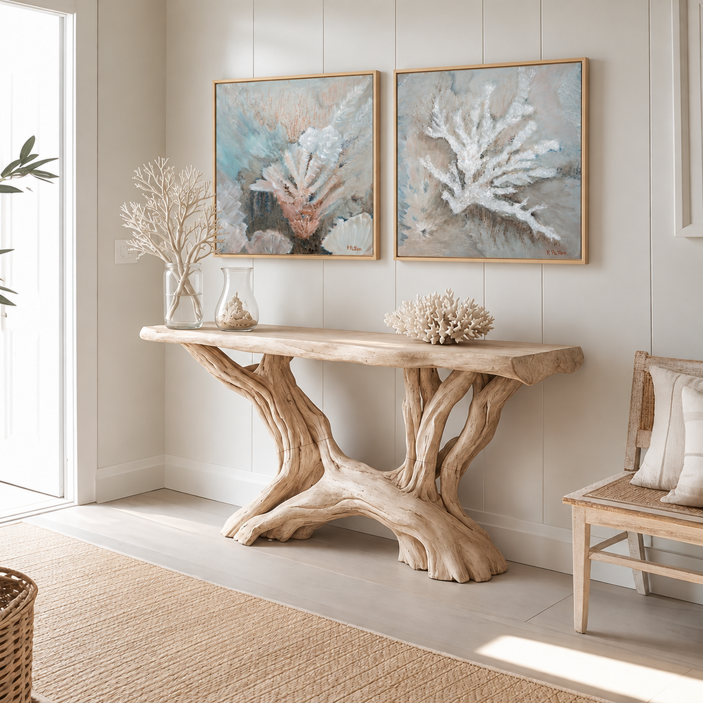 Under the Surface I and II displayed together above a driftwood console; sold individually