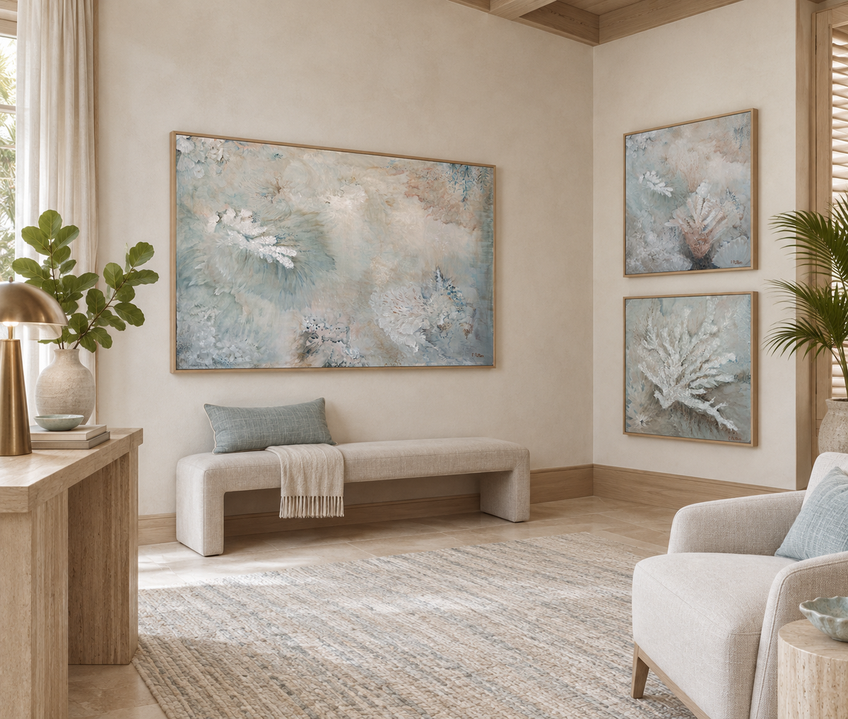 Sea of Dreams and Under the Surface I and II arranged as a coordinated series in coastal room; each sold individually