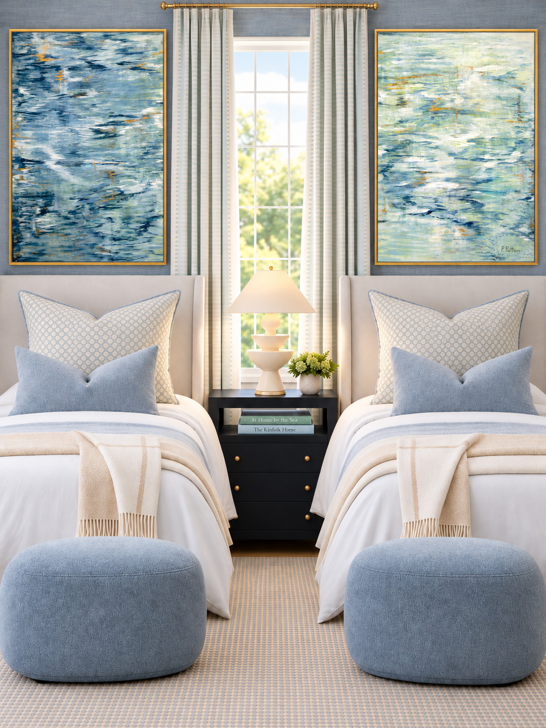 Tidal Weave diptych separated above twin beds, dark panel left and light signed panel right