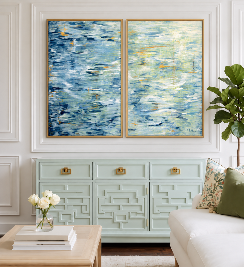 Tidal Weave diptych displayed together in gold floating frames above pale sage console