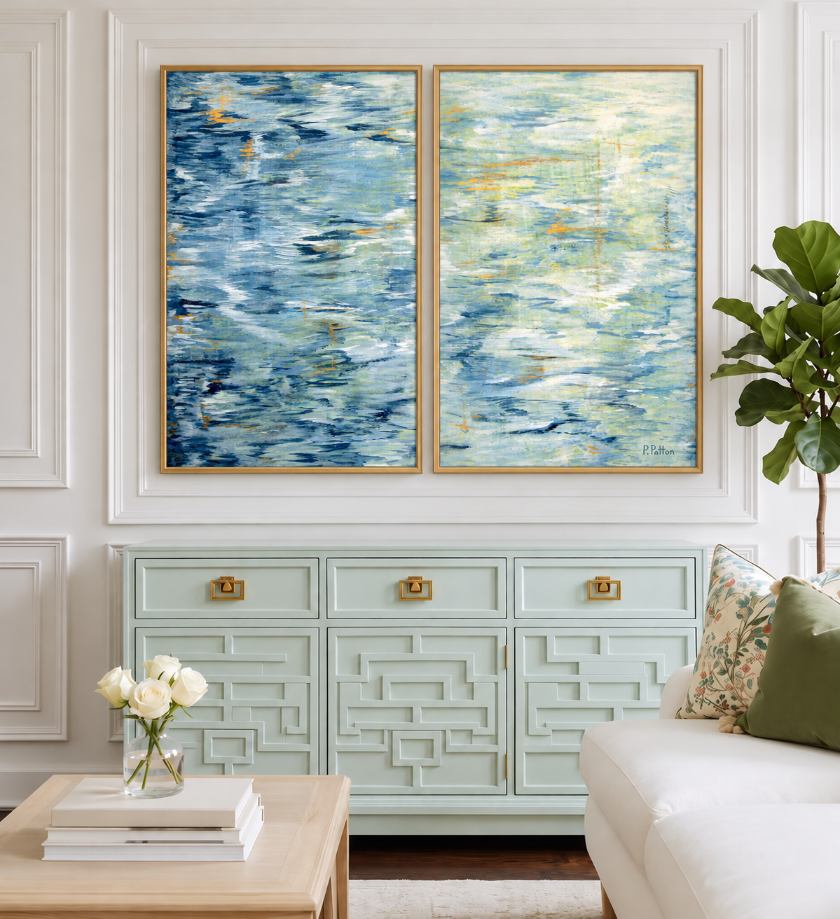 Tidal Weave diptych displayed together in gold floating frames above pale sage console