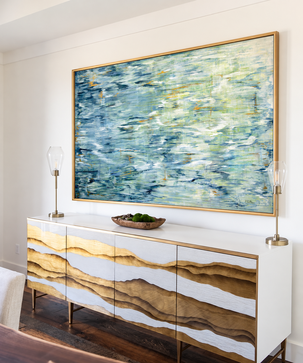 Tidal Weave large horizontal painting in gold floating frame over a white and gold sculptural credenza