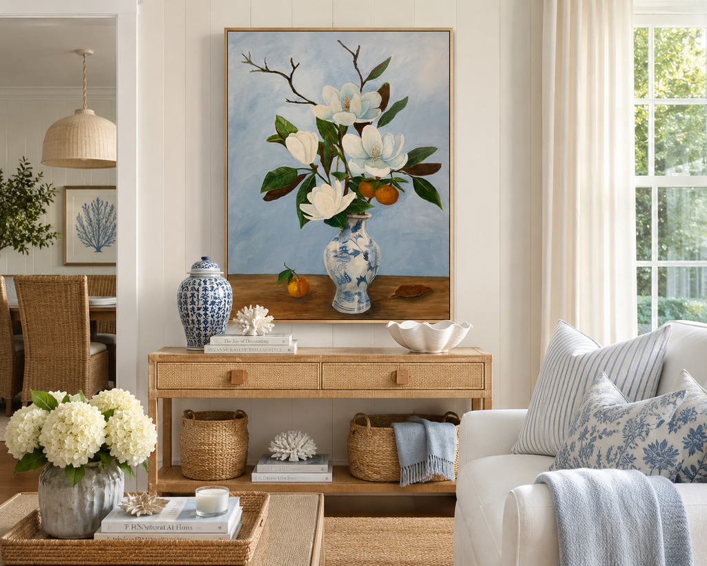 Southern Inheritance magnolia artwork shown in airy coastal living room above woven console