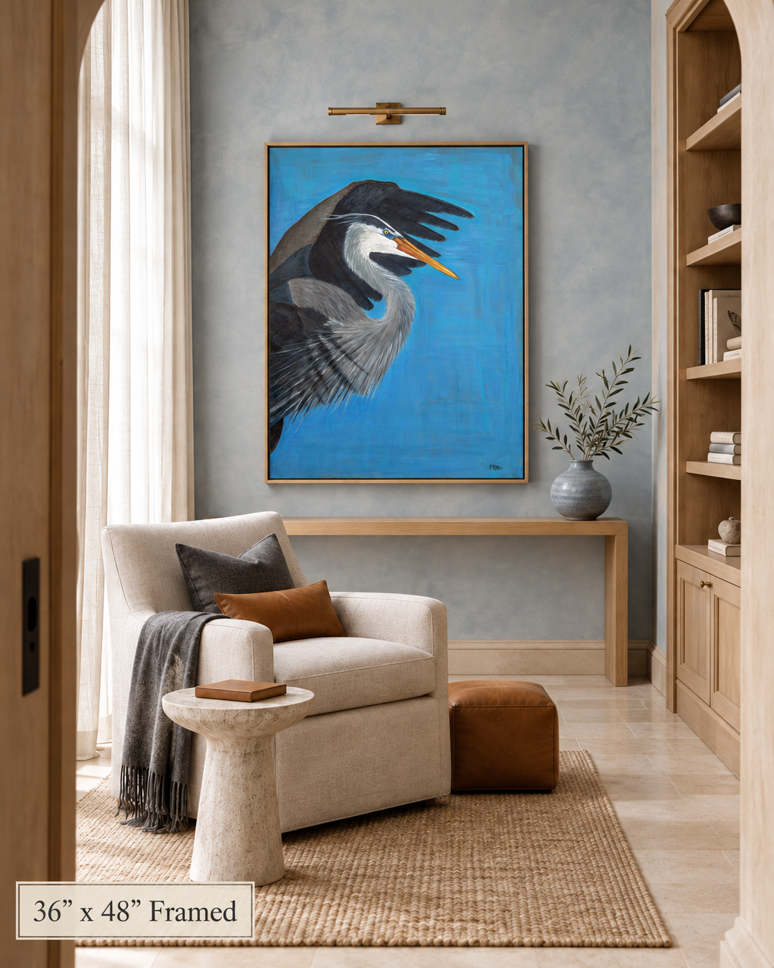 Wide Open — 36 × 48 in. framed Designer Edition, cozy coastal reading room